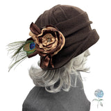 Cloche Hat Women, Brown Wool with Floral Brooch, Handmade 1920s Fashion