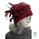 Burgundy Velvet Cloche Hat Women, Adjustable Satin Lined Winter Headwear