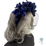Navy Blue Hydrangea Padded Velvet Headband with Birdcage Veil : Handmade in the USA