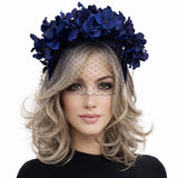 Navy Blue Hydrangea Padded Velvet Headband with Birdcage Veil : Handmade in the USA