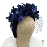 Navy Blue Hydrangea Padded Velvet Headband with Birdcage Veil : Handmade in the USA