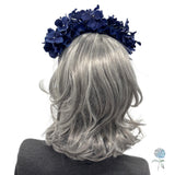 Navy Blue Hydrangea Padded Velvet Headband with Birdcage Veil : Handmade in the USA
