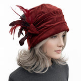 Burgundy Velvet Cloche Hat Women, Adjustable Satin Lined Winter Headwear