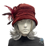 Burgundy Velvet Cloche Hat Women, Adjustable Satin Lined Winter Headwear