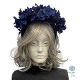 Navy Blue Hydrangea Padded Velvet Headband with Birdcage Veil : Handmade in the USA
