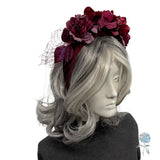 Burgundy Floral Fascinator Headband – Handmade Derby Hat and Wedding Guest Headpiece, Vintage Style Millinery