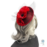 Kentucky Derby Fascinator: Red Poppies and Black Net Veiling