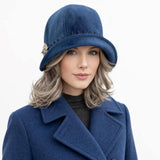 Blue Velvet Cloche Hat: 1920s Style, Crystal Brooch, Size Medium