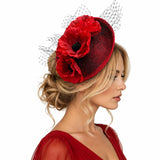 Kentucky Derby Fascinator: Red Poppies and Black Net Veiling