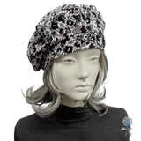 Lightweight Beret for Women: Handmade in Black and Gray Floral Print Jersey