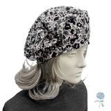 Lightweight Beret for Women: Handmade in Black and Gray Floral Print Jersey