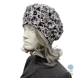 Lightweight Beret for Women: Handmade in Black and Gray Floral Print Jersey