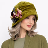 Velvet Hat Woman: Unique Vintage Inspired Headwear, Handmade in Chartreuse Green with Hydrangea Flowers