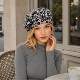 Lightweight Beret for Women: Handmade in Black and Gray Floral Print Jersey