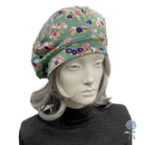 Lightweight Beret for Women: Handmade in Green Floral Print Jersey
