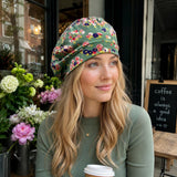 Lightweight Beret for Women: Handmade in Green Floral Print Jersey