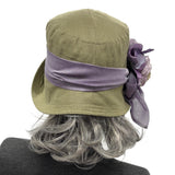 Cloche Hat: Olive Green and Lilac Summer Linen for Women with Chiffon Band & Flowers