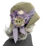 Cloche Hat: Olive Green and Lilac Summer Linen for Women with Chiffon Band & Flowers