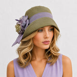 Cloche Hat: Olive Green and Lilac Summer Linen for Women with Chiffon Band & Flowers