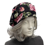 Black and Pink Floral Jersey Womens Beret, Handmade in the USA