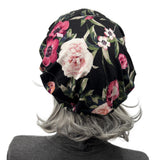 Black and Pink Floral Jersey Womens Beret, Handmade in the USA