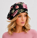 Black and Pink Floral Jersey Womens Beret, Handmade in the USA