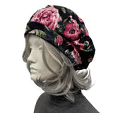 Black and Pink Floral Jersey Womens Beret, Handmade in the USA