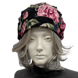 Black and Pink Floral Jersey Womens Beret, Handmade in the USA