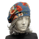 Blue Gray Floral Beret for Women: Handmade in the USA