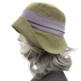 Cloche Hat: Olive Green and Lilac Summer Linen for Women with Chiffon Band & Flowers