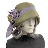 Cloche Hat: Olive Green and Lilac Summer Linen for Women with Chiffon Band & Flowers