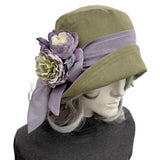 Cloche Hat: Olive Green and Lilac Summer Linen for Women with Chiffon Band & Flowers