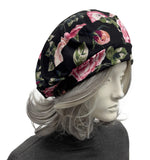 Black and Pink Floral Jersey Womens Beret, Handmade in the USA