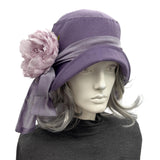 Purple Linen Cloche Hat with Peony Flower – Size Large | Handmade in the USA