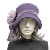 Purple Linen Cloche Hat with Peony Flower – Size Large | Handmade in the USA