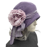 Purple Linen Cloche Hat with Peony Flower – Size Large | Handmade in the USA