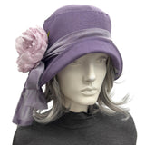 Purple Linen Cloche Hat with Peony Flower – Size Large | Handmade in the USA