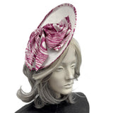 Statement Occasion Fascinator Hat in White with Magenta Print Silk Bow