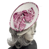 Statement Occasion Fascinator Hat in White with Magenta Print Silk Bow
