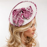 Statement Occasion Fascinator Hat in White with Magenta Print Silk Bow