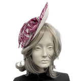 Statement Occasion Fascinator Hat in White with Magenta Print Silk Bow
