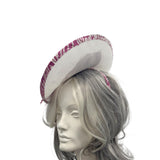 Statement Occasion Fascinator Hat in White with Magenta Print Silk Bow