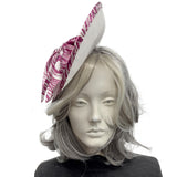 Statement Occasion Fascinator Hat in White with Magenta Print Silk Bow