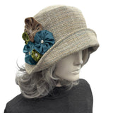 Handmade Woven Cloche Hat with Floral Trim Size Large Ready Made