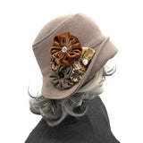 Taupe Wool Cloche Hat with Vintage Style Rosette Brooch: Handmade Millinery Size Small/Medium