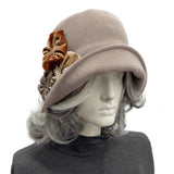 Taupe Wool Cloche Hat with Vintage Style Rosette Brooch: Handmade Millinery Size Small/Medium