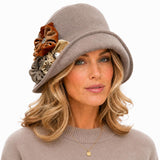 Taupe Wool Cloche Hat with Vintage Style Rosette Brooch: Handmade Millinery 
