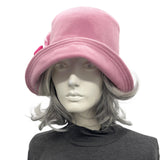 Rose Pink Wool Cloche Hat with Large Rosette Brooch– Handmade Vintage-Inspired Statement Hat