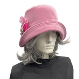 Rose Pink Wool Cloche Hat with Large Rosette Brooch– Handmade Vintage-Inspired Statement Hat