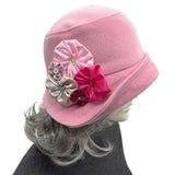 Rose Pink Wool Cloche Hat with Large Rosette Brooch– Handmade Vintage-Inspired Statement Hat